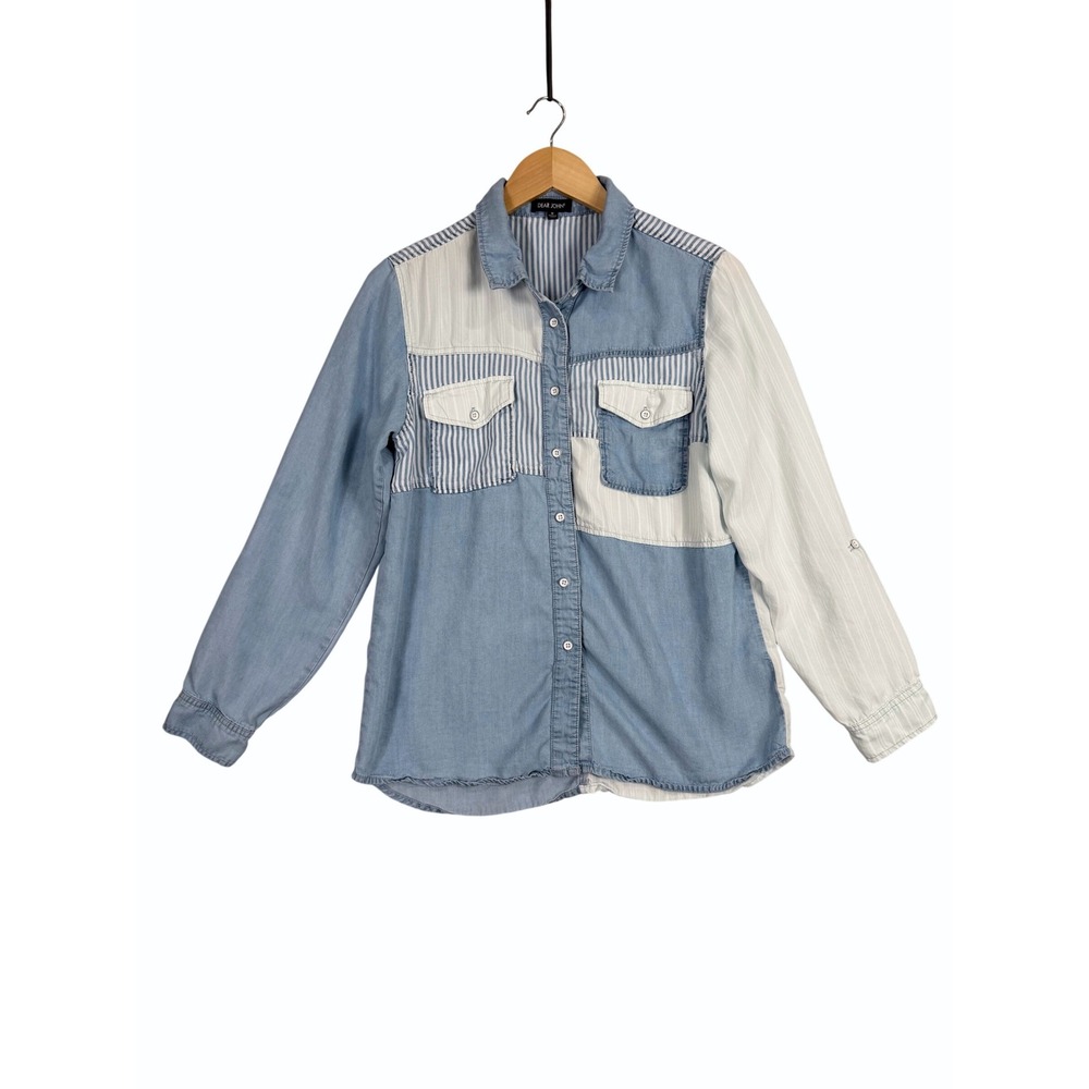 Dear John Button Down Shirt Womens Medium Blue Patchwork Striped Long Sleeve